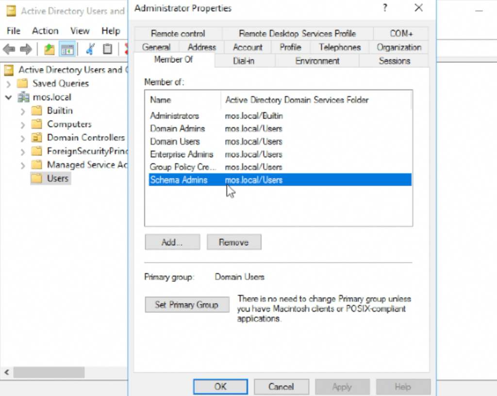 Active Directory Users and 
File Acton View Help 
Active Directory Userç and 
> ZI Swed 
mos.Jocal 
Builtin 
Computers 
Domain Controllcrs 
ForeignSecurityPrin 
Adrnintstratcr Properties 
Ferncte cortml 
General Address 
Mertoer Of 
Me•nbe cf. 
Doman Admire 
Donan users 
Enterprise Admirts 
Poicy Cm. 
Schema Admins 
Remote Deskop Serv•ceg Profile 
A2tmrt Rmfie Telephmes 
Envrcnnent 
Active Directory Domain Serv•icee Fdder 
moz -local'Euftin 
mos local'Users 
mos JocalfUsers 
mos bcal/l-lsers 
mos local 'I-lscr: 
mos local/Users 
group Dornah 
There in no neeci to change Primary group 
Set Primary Gmup 
ycu have Maerttosh cr 
appicatons 
Hep 