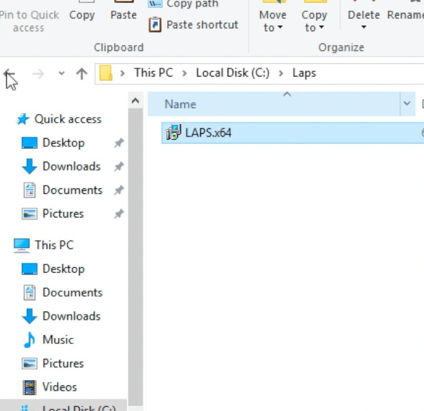 Pin to Quick 
access 
copy patn 
Copy Paste 
Move Copy Delete Renarm 
Paste shortcut to 
Clipboard 
This PC Local Disk (C:) Laps 
Organize 
* Quick access 
Desktop 
Downloads 
Documents 
Pictures 
a This PC 
Desktop 
Documents 
Downloads 
Music 
Pictures 
Videos 
Name 
BJ LAPSx64 